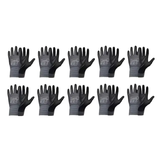 Guantes Táctiles de Nylon Poliuretano Negro Talle 10 - Pack x10 Pares